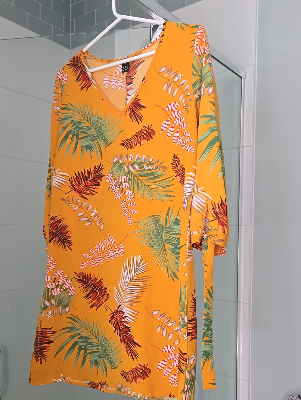 Tropical Print V-Neck Yellow Dress